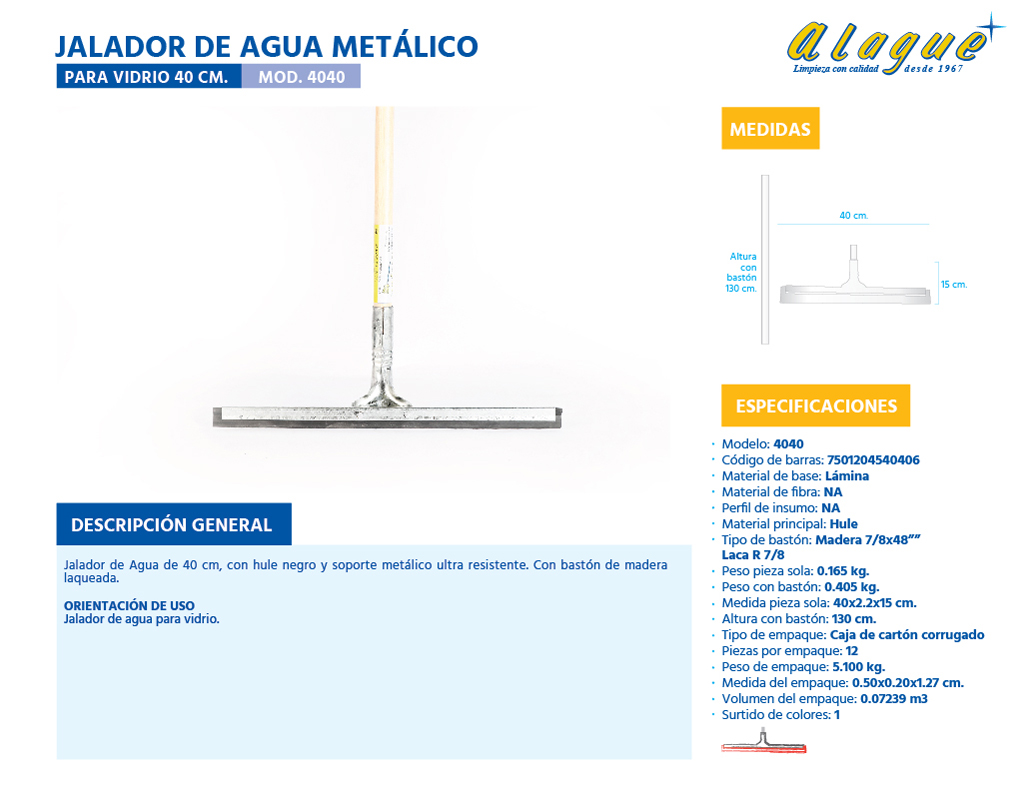 Jalador de Agua Metálico para Vidrio 40 Cms.